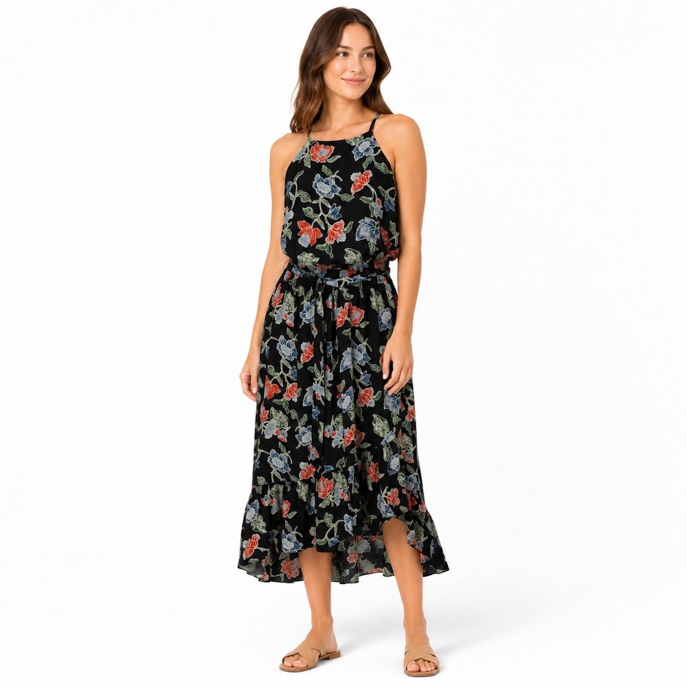 Joie Womens Black Floral 100% Silk Halter Maxi Dress Size S Wrap Front Ruffle